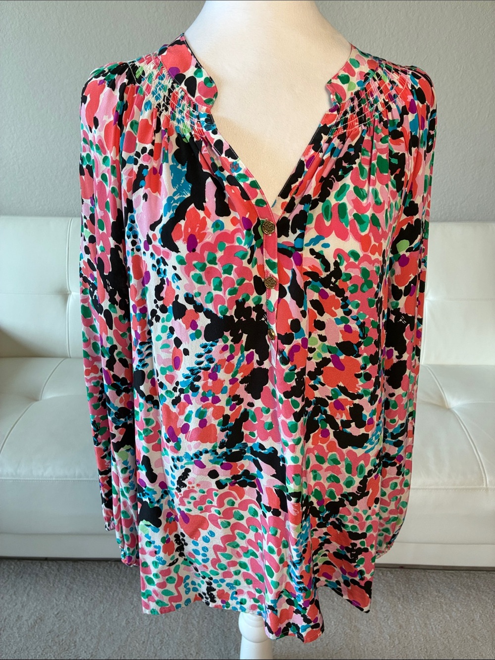 Lilly Pulitzer Silk Bright Pink Multi-Color V-Neck Blouse
